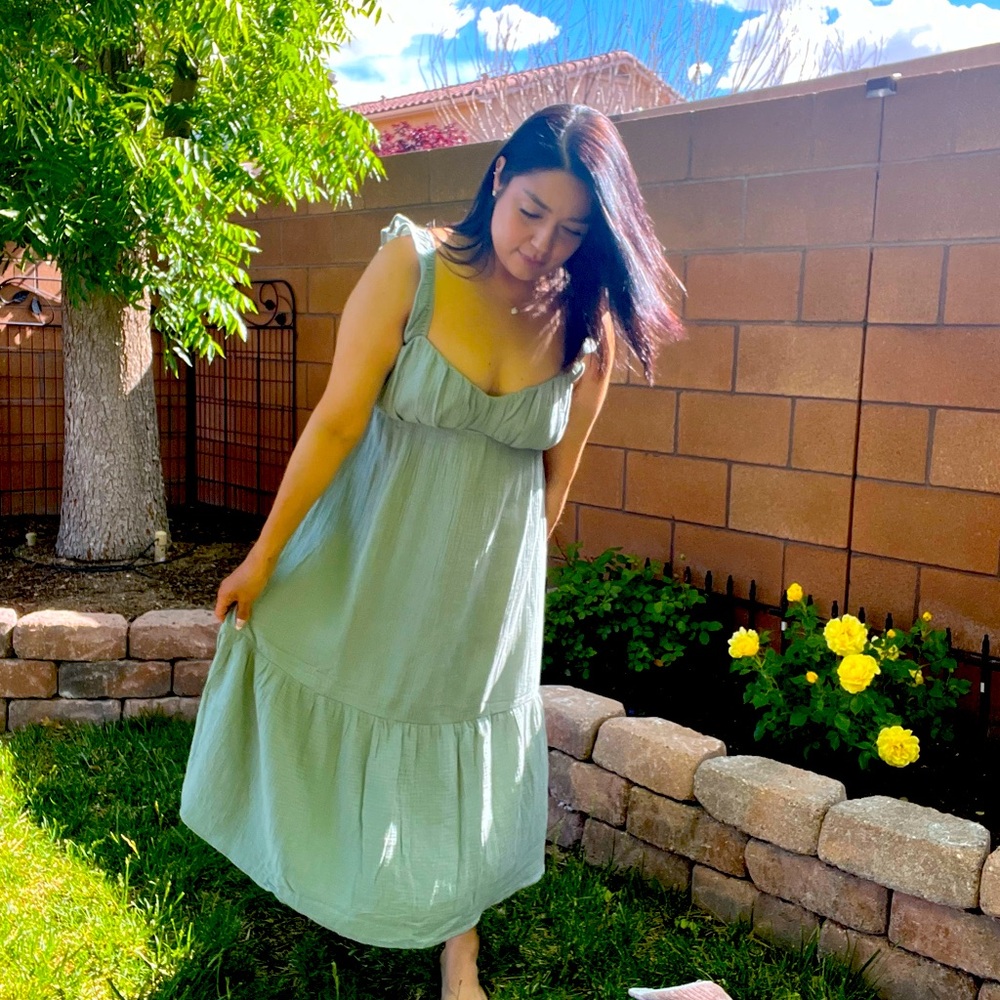 RUFFLE SLEEVE TIERED MIDI DRESS 100% COTTON - WASHED TEAL